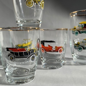 Grogg snapsglas automobil etsningar olika veteranbilar Retrolux antik