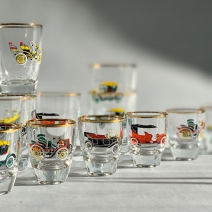 Grogg snapsglas automobil etsningar olika veteranbilar Retrolux antik