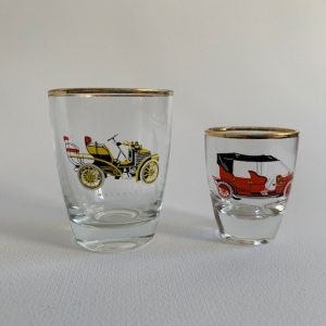 Grogg snapsglas automobil etsningar olika veteranbilar Retrolux antik