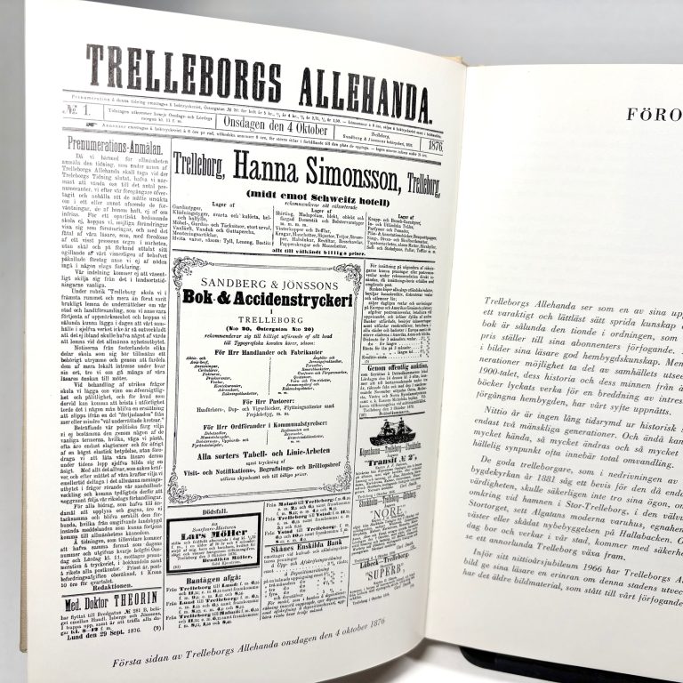 År 1846 Trelleborgs Allehanda första sida fotograferad från bok 1966